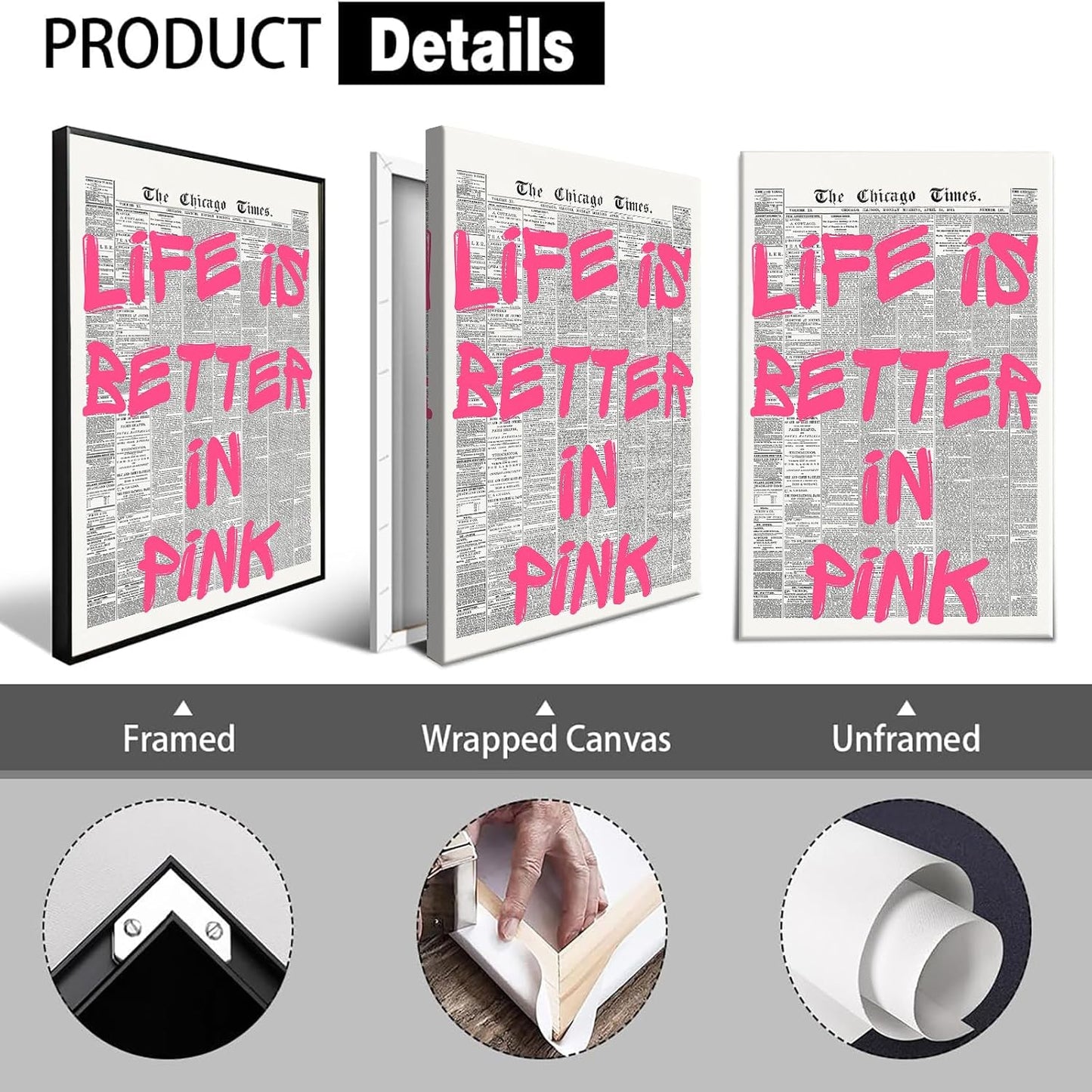 Skiennix Pink Wall Art - Retro Newspaper Canvas Poster with Positive Quote | Minimalist 16x24in Decor