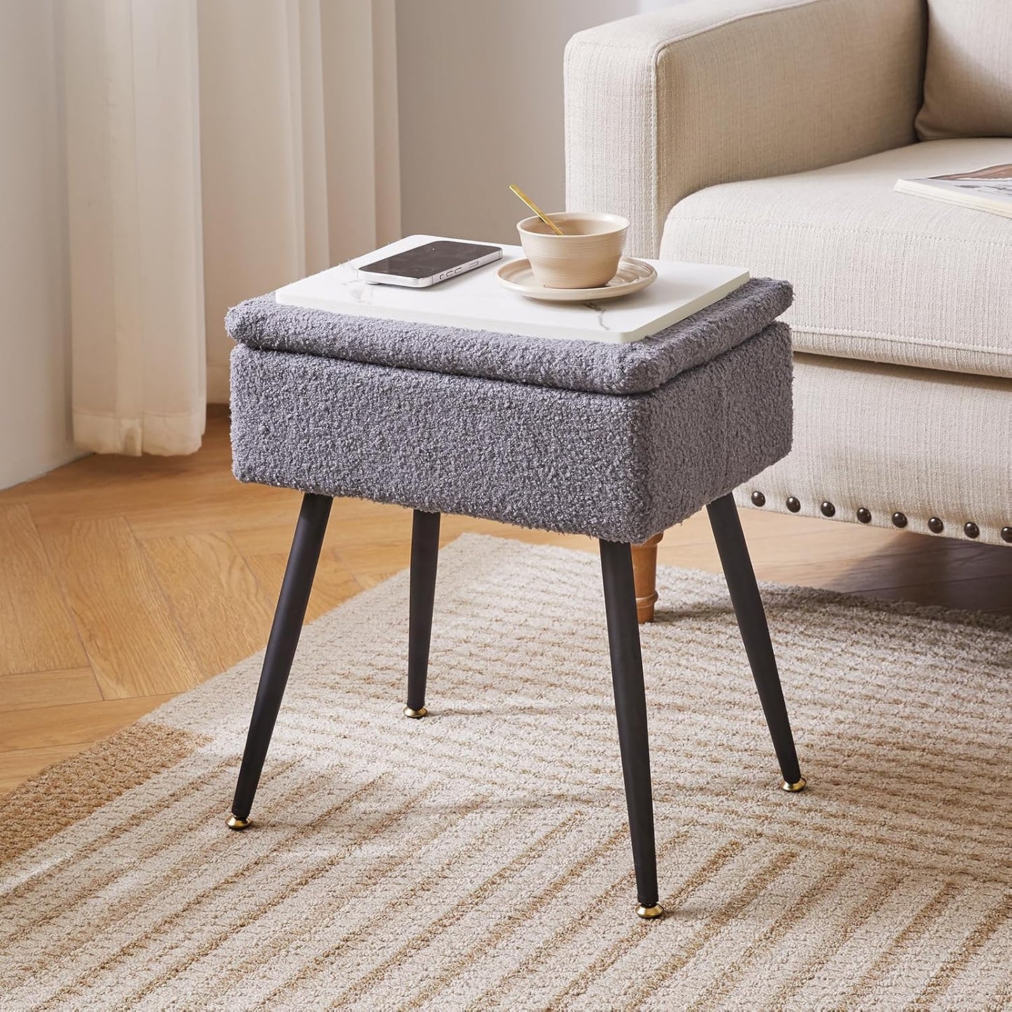 4 15.7" 11.8" 18.1" YD-SMS137G Aibiju Vanity Stool Chair Teddy Velvet with Storage, Grey Ottoman with Storage, Furry
