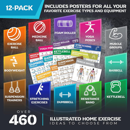 12-Pack Laminated Workout Posters by [Brand Name] - Essential Exercise Charts for Home Gym | Dumbbell, Yoga, Kettlebell & More