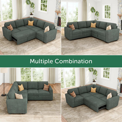 HONBAY Modular Sectional Sleeper Sofa with Pull Out Bed, Corduroy L Shaped Couch with Storage, Sectional Couches for Living Room, Green