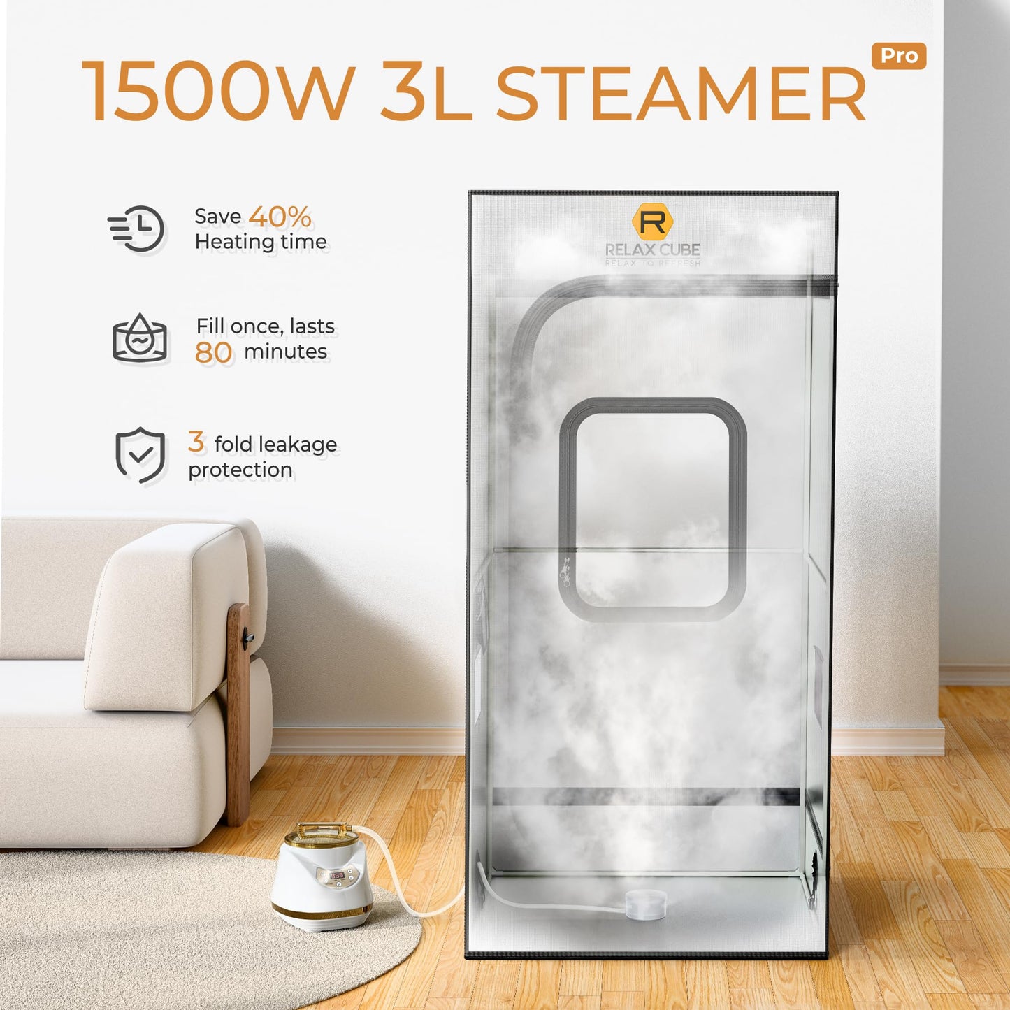 RelaxCube Portable Steam Sauna Pro 1500W 3L, Sauna Tent with Ergonomic High Back Sauna Chair, Full Body Personal Sauna Box for Home Spa Indoor, 75”x35”x35” XL Size, Gray