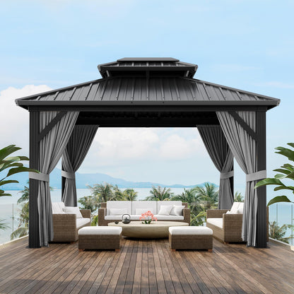 10 X12 ft Hardtop Gazebo, Galvanized Steel Double Roof with Curtains and Netting, Aluminum Frame Patio Gazebo for Patio, Garden and Lawn