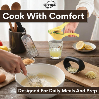 4PCs Kitchen Essentials Kit – Lemon Squeezer, Garlic Press, Stainless Steel Whisk, Multi-Use Grater, Cheese Grater – Durable, Easy to Clean Cooking Tools Set for Everyday Meal Prep