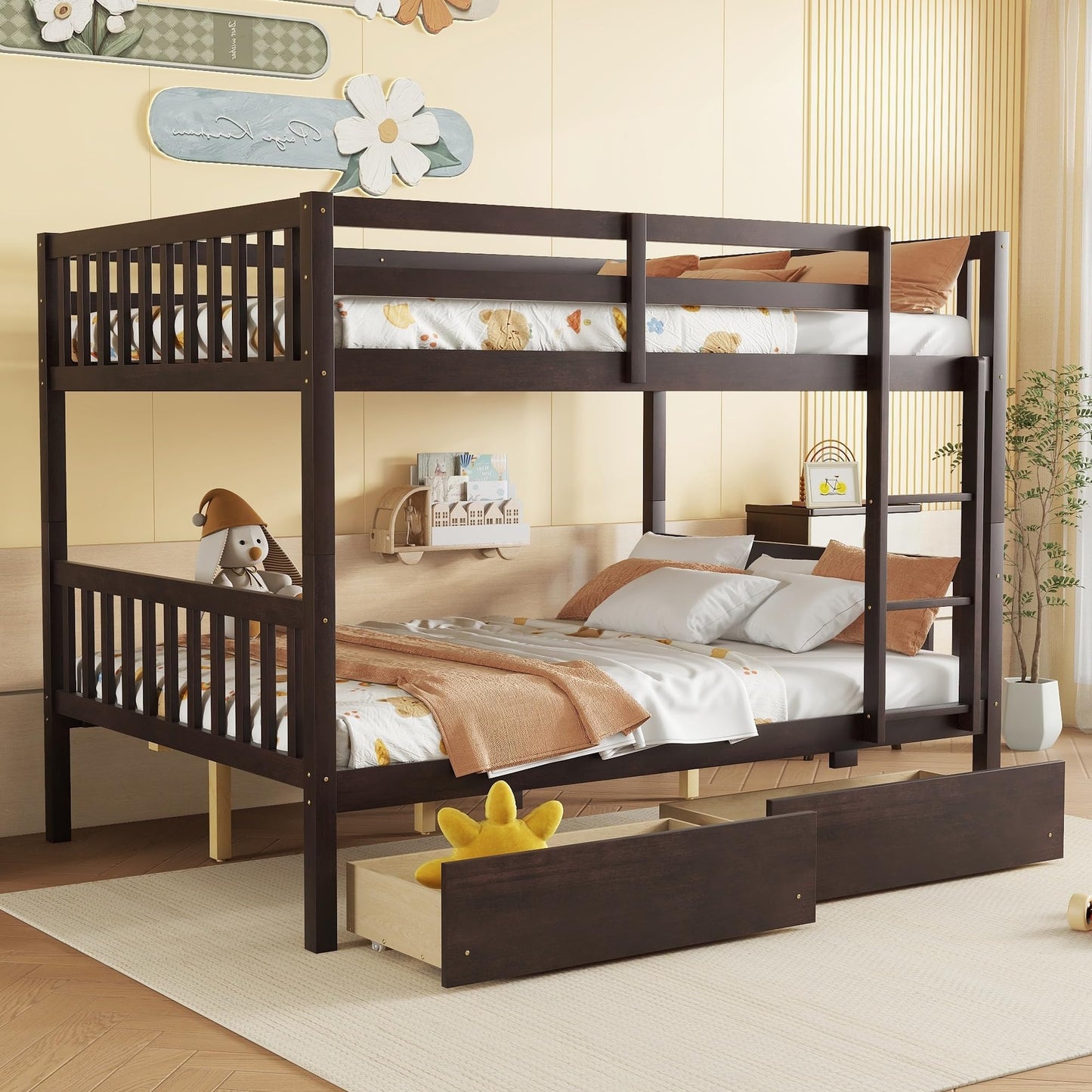 MERITLINE Wood Bunk Bed with Drawers, Convertible Bunk Bed with Ladders and Two Storage Drawers, Solid Wood Detachable Bedframe with Guardrails, Twin Over Twin, Espresso