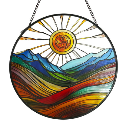ZZHAOYI Sun Mountains Stained Glass Window Hanging, 7.9'' Sun Catchers Indoor Window Boho Wall Art Decor with Chain, Hand Painted Sun Catcher Gifts for Couples, Women