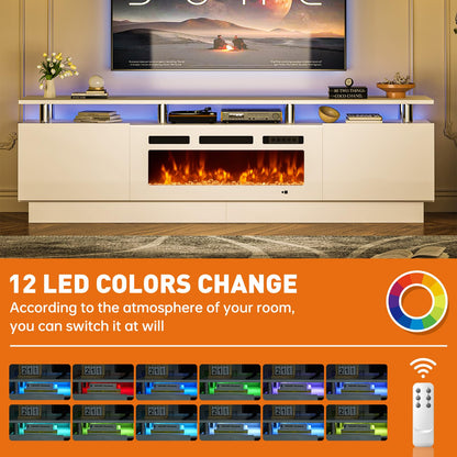 MXV 80" Fireplace TV Stand, Modern Entertainment Center & 36 Inch Electric Fireplace with Remote Control, LED Light, Fire Place Tv Stand for Living Room for TVs up to 90", White + White