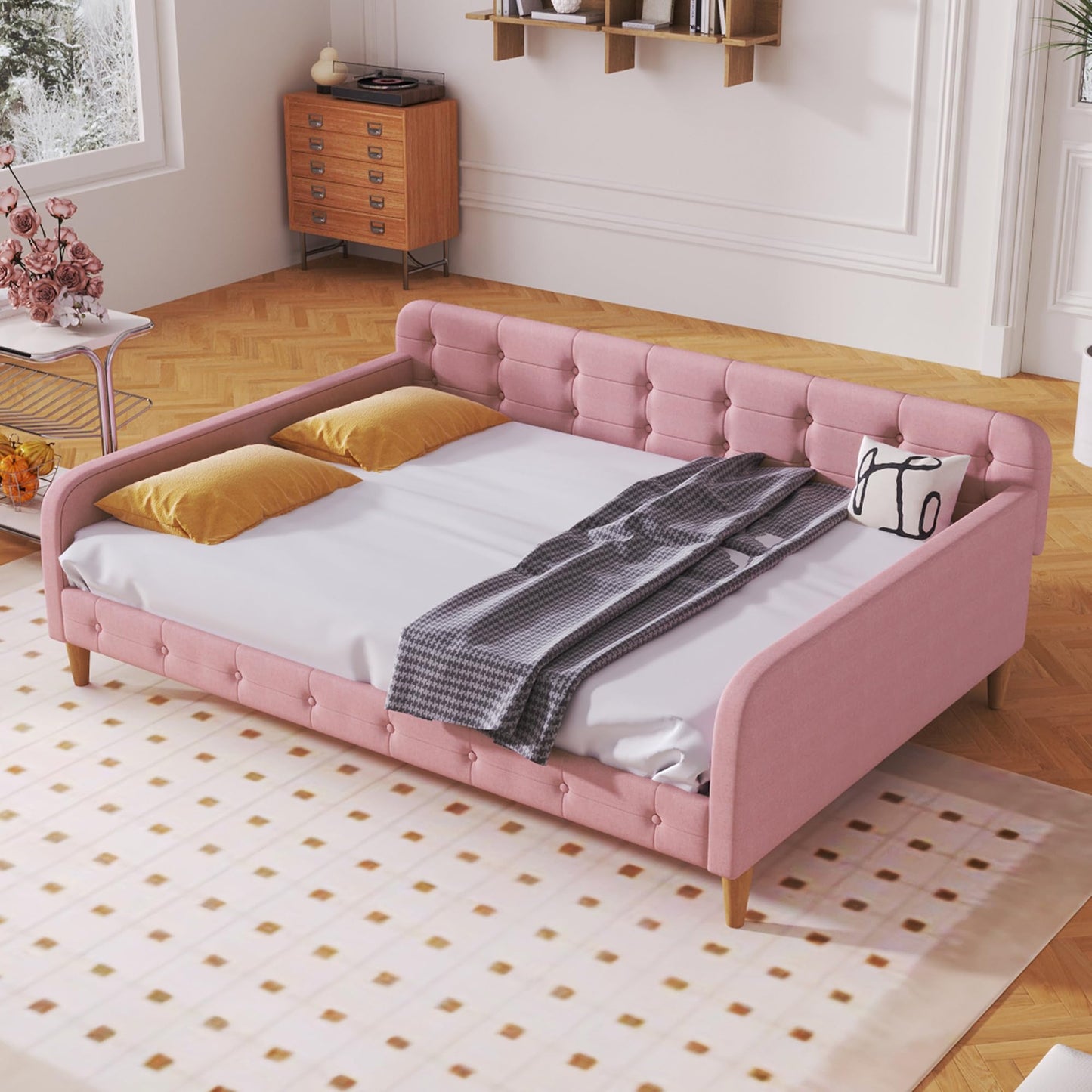 GDFStudio Full Size Upholstered Daybed with Support Legs, Linen Sofa Bed Frame with Button Tufted Sides, Wood Slat Support, No Box Spring Required, Modern Guest Bed for Bedroom or Living Room, Pink