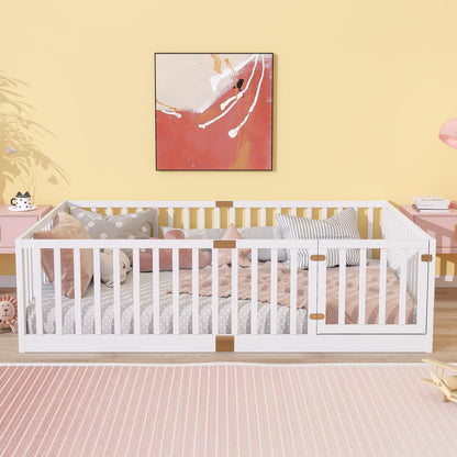 KEIKI Full Floor Bed with 21.5" Safety Guardrails & Door, Kids Floor Bed Frame with 6 Slats, Solid Wood Montessori Bed for Toddler Bedroom, White