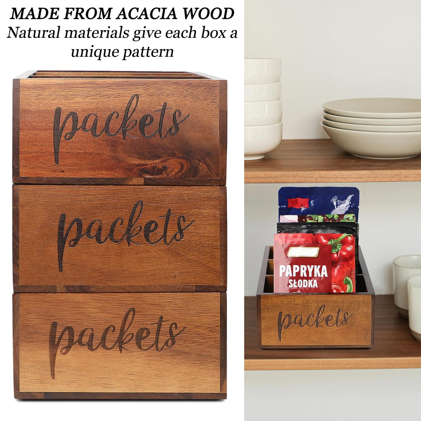 LBEMEY Packet Organizer, Acacia Wood Packet Storage Organizer with 3 Compartments,Farmhouse Kitchen Organization for Spice, Gravy, Taco, and Dressings Packets for Kitchen, Brown Labeled Packets