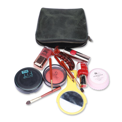 TheAntiq Full Grain Leather Cosmetic Bag – Zippered Makeup Pouch for Women, Small Travel Toiletry & Organizer Pouch for Purse, Premium Handmade Leather (5 × 4 × 2.5 in)