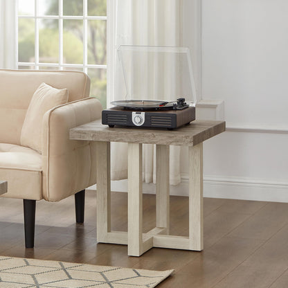 Roundhill Furniture Luno 3-Piece Coffee Table Set, Coffee Table and Two End Tables, Weathered Gray and Beige