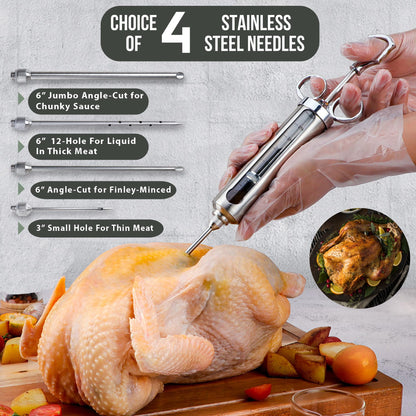 Professional Meat Injector Marinade Syringe Kit for Smoking & Grilling Turkey, Brisket & BBQ - Large 2 Oz Visible Stainless Steel Capacity - Never Leaks or Clogs + Safe Grill Cleaner & Flavor Brush