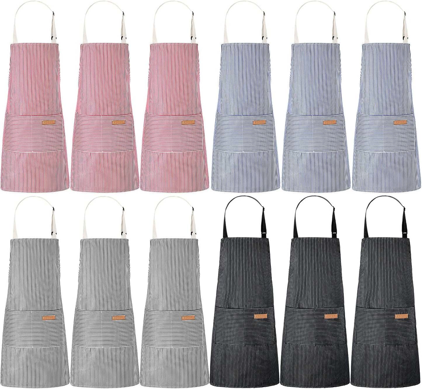 12 Handepo Pcs Cotton Aprons for Women Men with Pockets Soft Adjustable Bib Stripe Aprons for Cooking Kitchen Chef