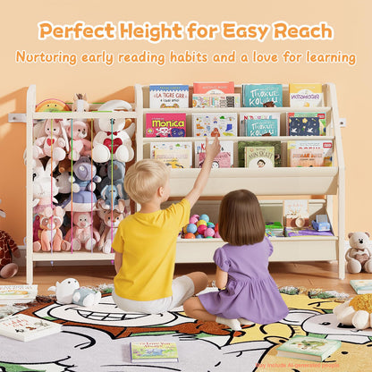 CYXPHION B5 Kids Bookshelf and Toy Storage, Book Shelf for Kids Rooms, Sling Toddler Book Shelves with Stuffed Animal Storage, Montessori Baby Bookcase for Nursery, Bedroom, Playroom, White