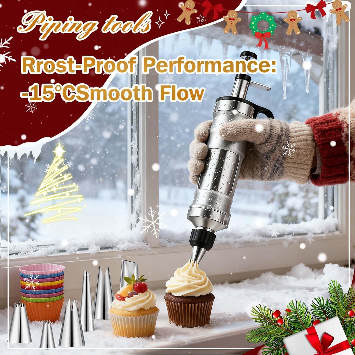 Dualshine Dessert Decorating Syringe Set, Frosting Piping Kit, Stainless Steels Icing Piping Kit, Cake Decorating Tools 6 Russian Piping Icing Nozzles Cupcake Piping Kit Christmas Baking Gifts