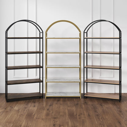 Nathan James Haven Etagere Bookshelf, 5-Shelf Bookcase in Nutmeg Wood and Black Metal Frame with Arch Top and Open Shelves, Nutmeg/Black