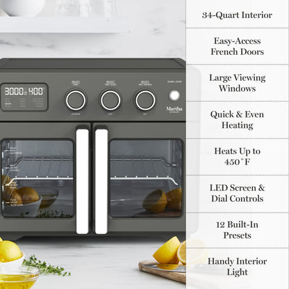 Martha Stewart French Door Air Fryer Toaster Oven Combo, 34QT Countertop Convection, 12-in-1, Bake, Broil, Roast, Fits 12” Pizza, Dehydrate, 5 Accessories, Air Fry Basket, Stainless Steel, Caviar Gray