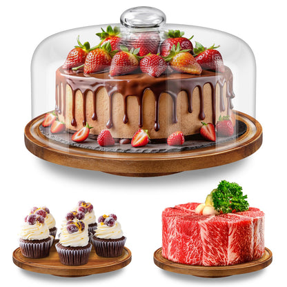 Yangbaga 11IN Wood Cake Stand with Dome Lid, Rotating Cake Stand with Glass Dome- Cake Plate with Cover for Baking Gifts/Birthday Kitchen/Party/Weddings