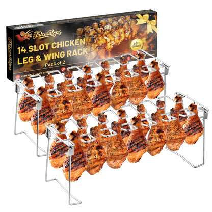 Triceratops 2 Packs Grill Rack, Chicken Leg and Wing Rack, 14 Slots BBQ Chicken Drumsticks Holder Stainless Steel Roaster Stand for Smoker Grill, Oven, Charcoal Grill
