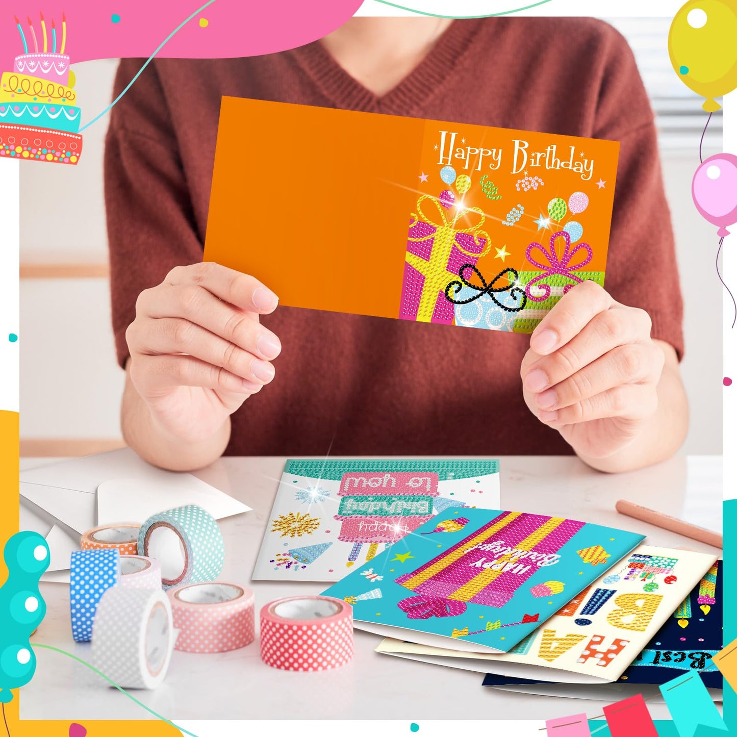 Saillong 12 Pack Happy Birthday Diamond Painting Greeting Card Kits DIY Diamond Art Cards with Envelopes Birthday Cake 5d Rhinestones Painting Kits for Adults DIY Crafts Family Friend Birthday Gifts