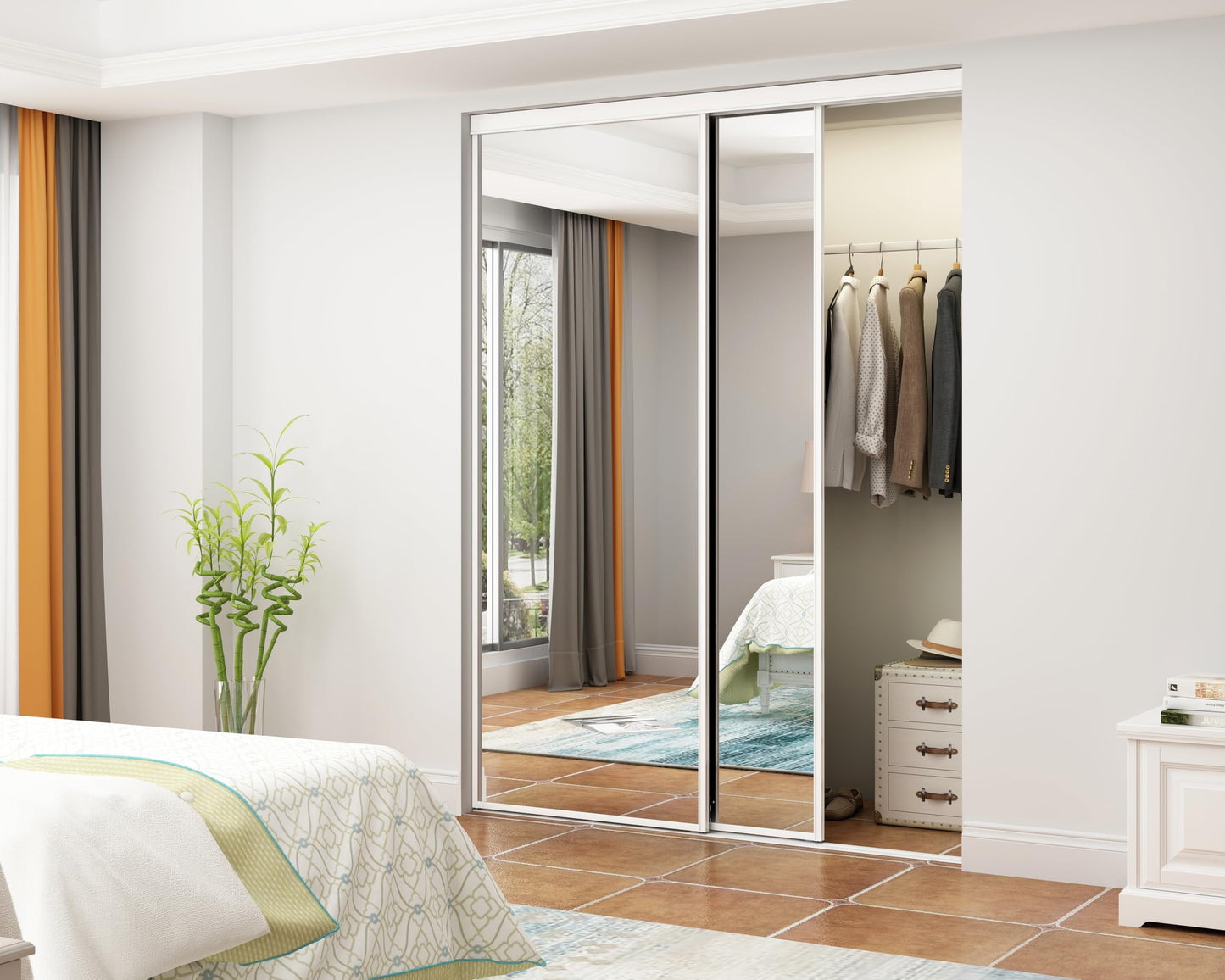 48 in. x 80 in. Mirror White Steel Frame Interior Closet Sliding Door with White Trim and Hardware Kit