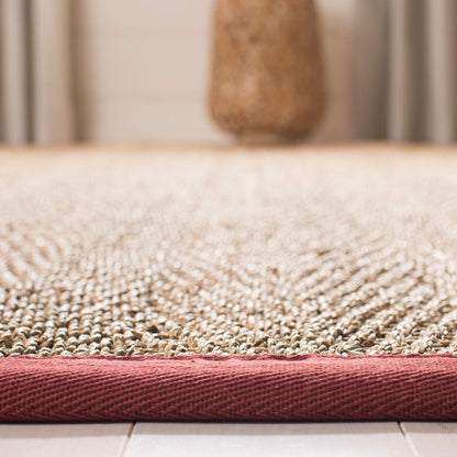 SAFAVIEH Area Rug 9x12 - Natural Fiber Collection - Large - Natural & Red, Seagrass, Herringbone Pattern with Border (NF115D)