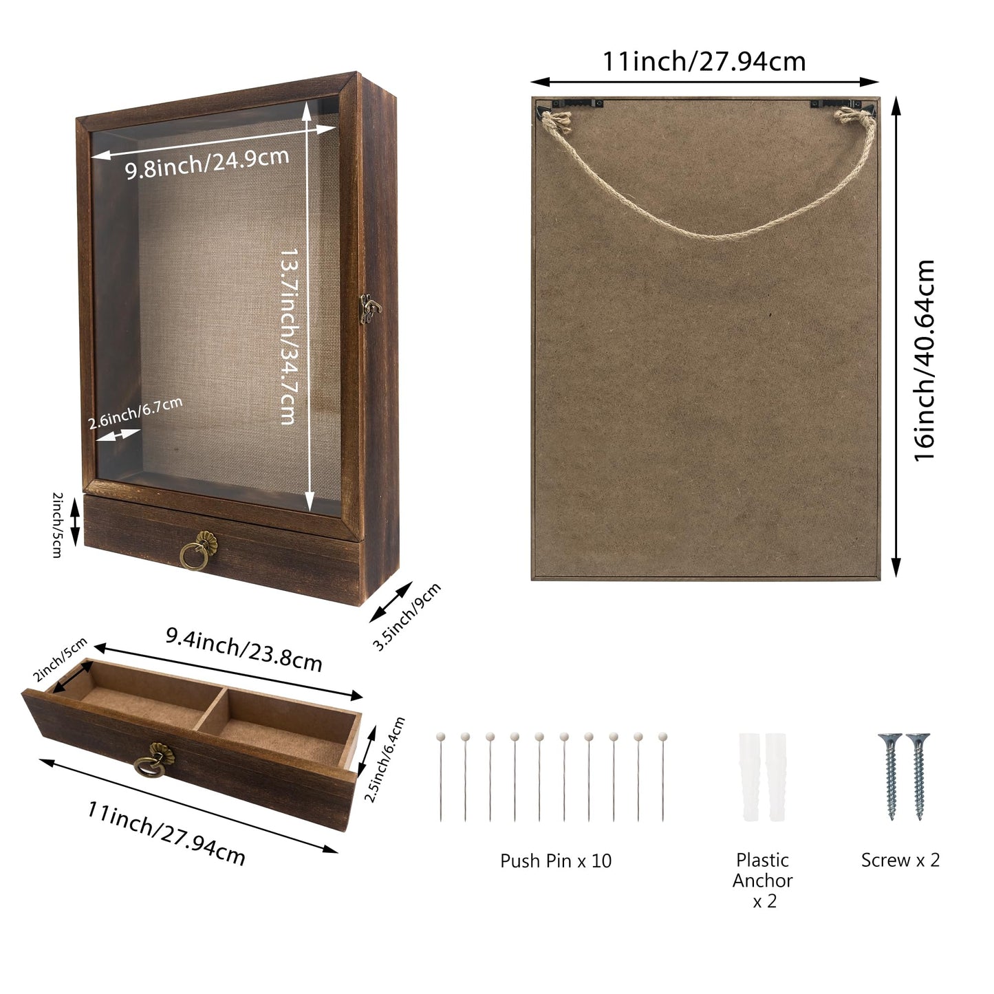 FramePro 11x16 Deep Shadow Box Frame with Drawer and Soft Line Back, Wooden Display Case Memory Box Real Glass for Keepsakes Collections, Medals, Bouquet Wall or Tabletop