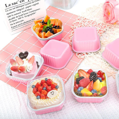 ylnurac 100Pack 5oz Pink Mini Cake Pans with Lids Baking Cups Aluminum Foil Pans Tins, Individual Dessert Cups Containers for Sales,Party,Picnics