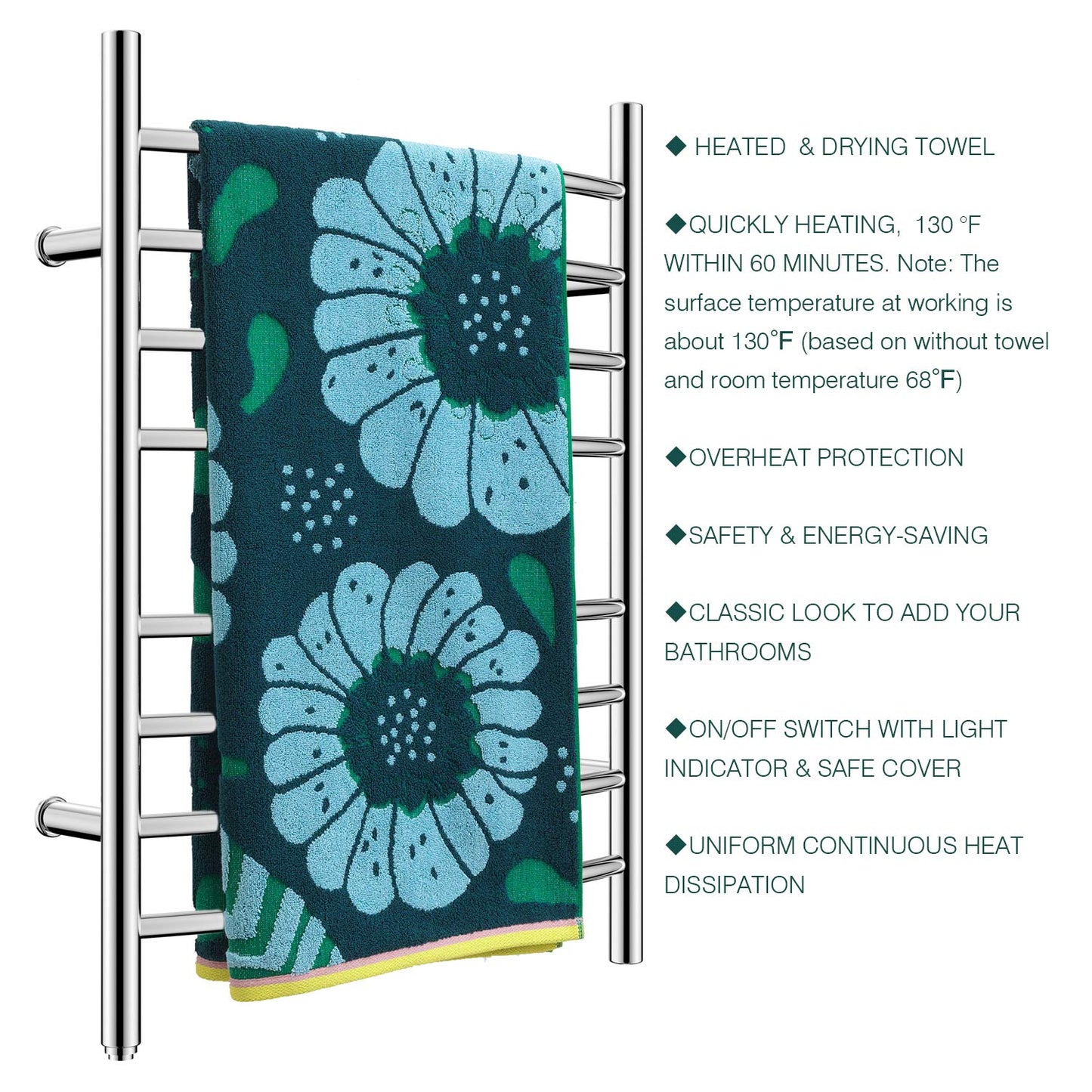 HEATGENE Towel Warmer 8 Bar Plug-in Curved Bath Towel Heater Towel Warmer for Bathroom Plug-in Drying Rack Brushed
