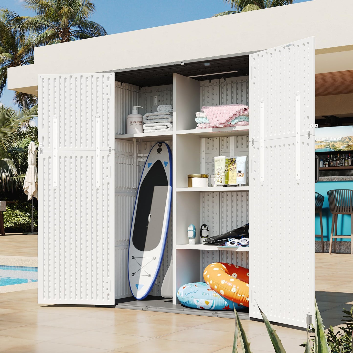 Aoxun 61 Cu.Ft Outdoor Storage Shed with Metal Shelving Kit, Widened Outdoor Storage Cabinet Waterproof Vertical Resin Shed with Floor for Garden Tools, Pool Equipment, Easy to Assemble (White)