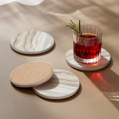 Veyro Set 6 Ceramic Coasters of Absorbent Stone Drink Coasters with Holder, Non-Slip Cork Backing, Modern Marble Look