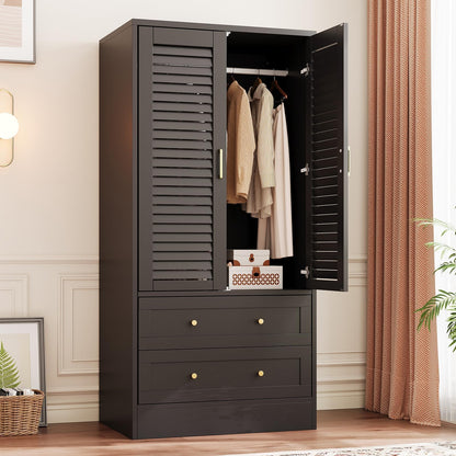 Garvee 65" Louvered Armoire Wardrobe Closet with 2 Doors and 2 Drawers, Large Capacity Storage, Wooden Wardrobe Cabinet with Hanging Rod for Bedroom, Cloak Room, Laundry Room, Entrance Hall, Black