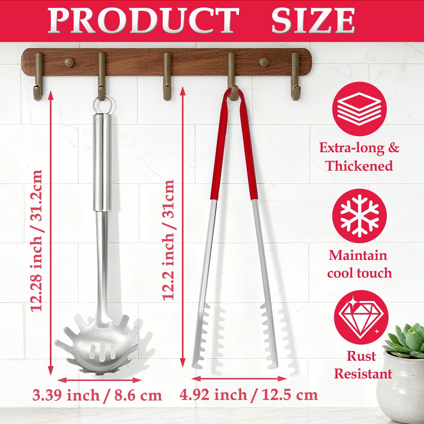 Funnydin Spaghetti Spoon and Spaghetti Tong - 12 Inch Heat-Proof Handle Spaghetti Fork and Kitchen Tong, Non-stick, Easy Storage and Dishwasher Safe Utensils for Cooking, Ergonomic Design