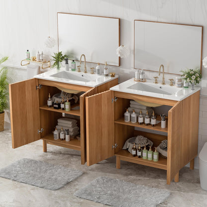 Merax 59.8" Bathroom Vanity with Ceramic Sink, Double Bathroom Vanity Combo, Freestanding Bathroom Cabinet with Wooden Legs, MDF Structure, Soft Close Doors, Adjustable Shelf