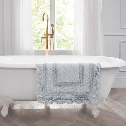 Laura Ashley Absorbent Bath Mat Reversible Crochet Soft and Plush Bathroom Mat 100% Cotton 2-Piece Bath Rug Set, Light Grey