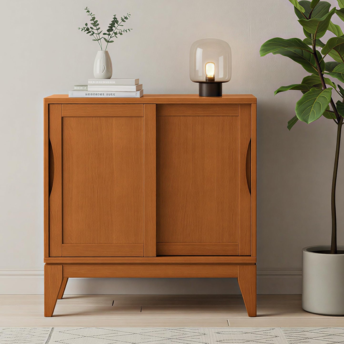 SIMPLIHOME Harper Storage Cabinet - 30 inch Wide Solid Hardwood 2-Shelf Low Console Cabinet in Teak Brown, Mid-Century Modern Cupboard for Living Room with Sliding Doors and Adjustable Shelves