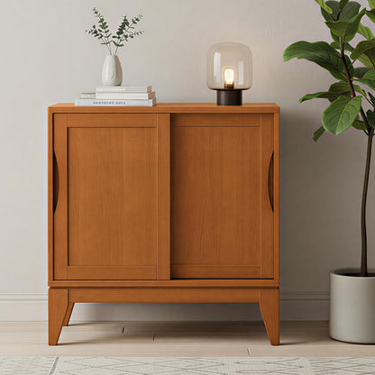 SIMPLIHOME Harper Storage Cabinet - 30 inch Wide Solid Hardwood 2-Shelf Low Console Cabinet in Teak Brown, Mid-Century Modern Cupboard for Living Room with Sliding Doors and Adjustable Shelves