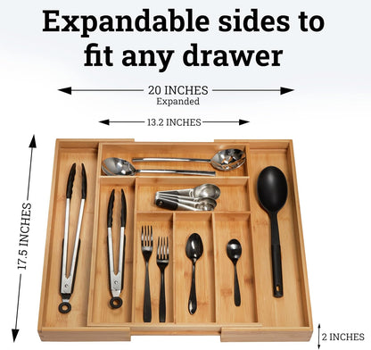 Dynamic Gear Premium Bamboo Silverware Organizer - Adjustable Kitchen Drawer Tray (6-8 slots)
