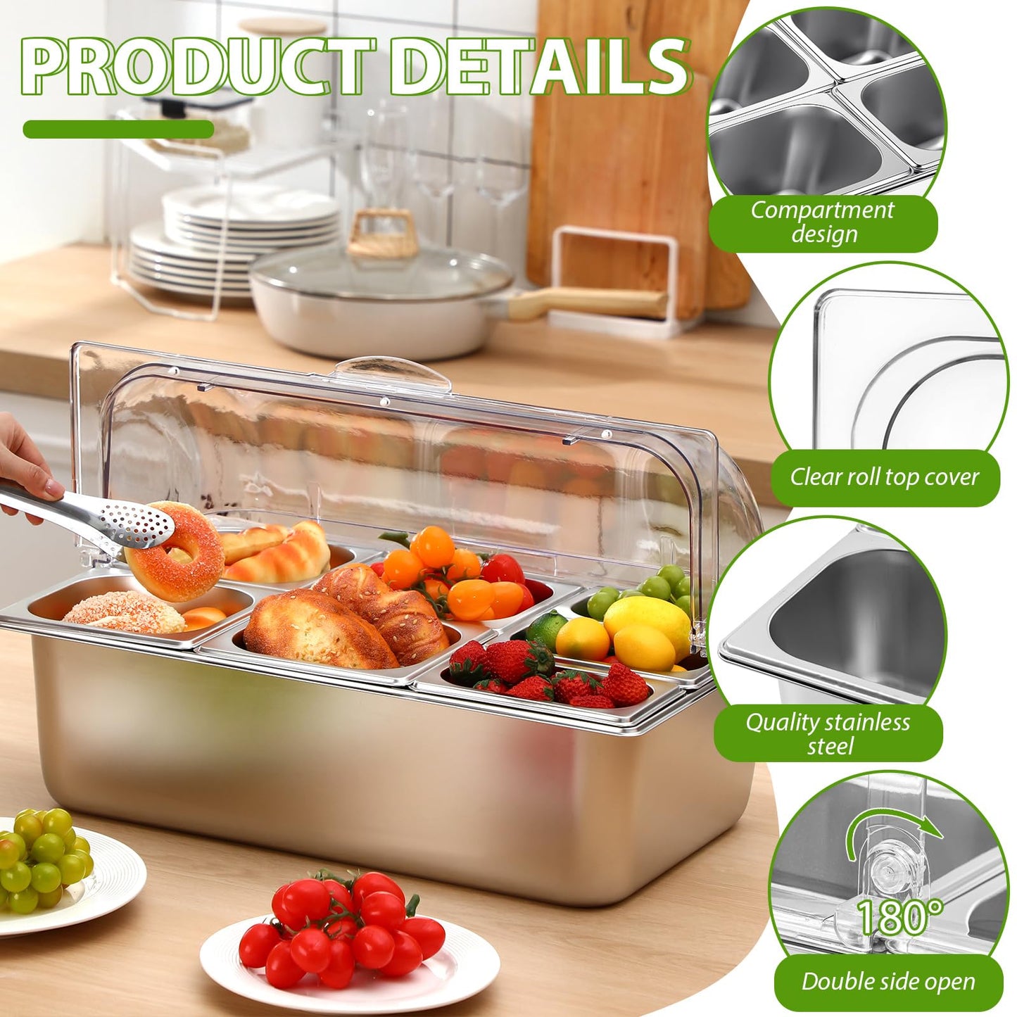 Ziliny Countertop Food Serving Display Container and Clear Roll Top Cover Stainless Steel Food Serving Tray Buffet Condiment Dispenser Display Rack for Restaurant Hotel Kitchen Party (7 Pan)