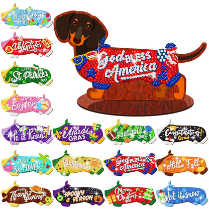 Briwooody 16 Pcs 4th of July Dachshund Diamond Art Kits for Adults - Interchangeable Seasonal & Holiday Decor, Wooden Dachshund Diamond Painting Table Centerpieces for DIY Tiered Tray Home Party