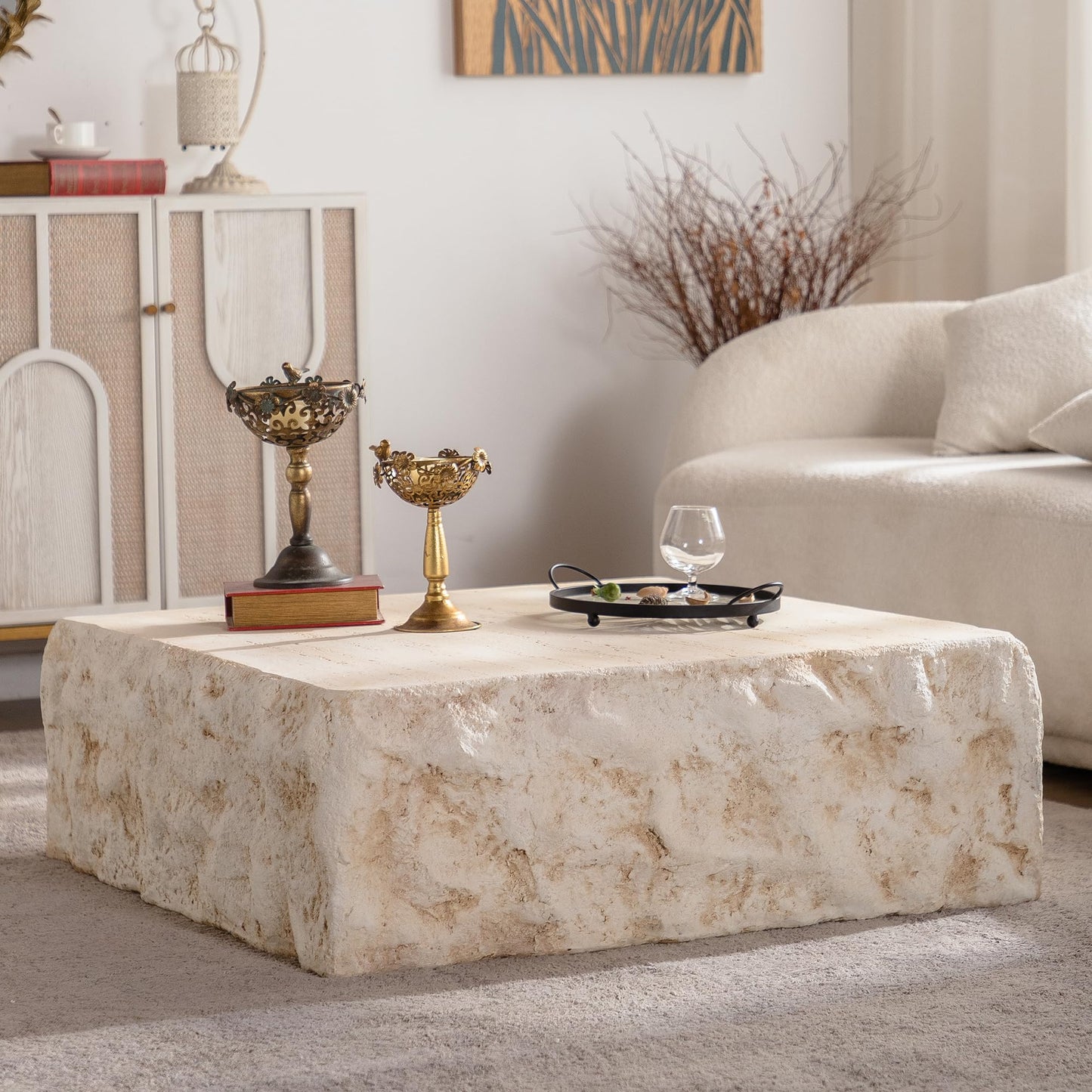 GDFStudio Modern Lightweight Concrete Coffee Table, Indoor Outdoor Square Accent Table, Mid Century MGO Side Tables, Faux Stone Sofa Tables for Living Room Office Apartment, No Assembly, Amber+Beige