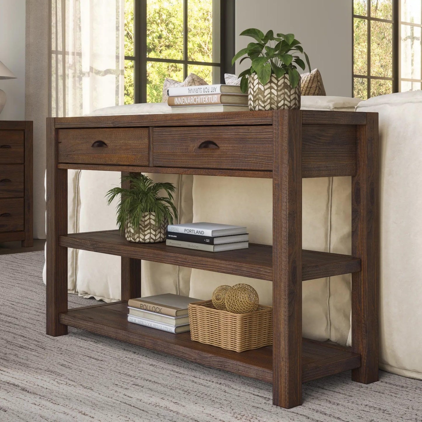 Grain Wood Furniture Montauk Console Table, Solid Wood with a Rustic Walnut Finish