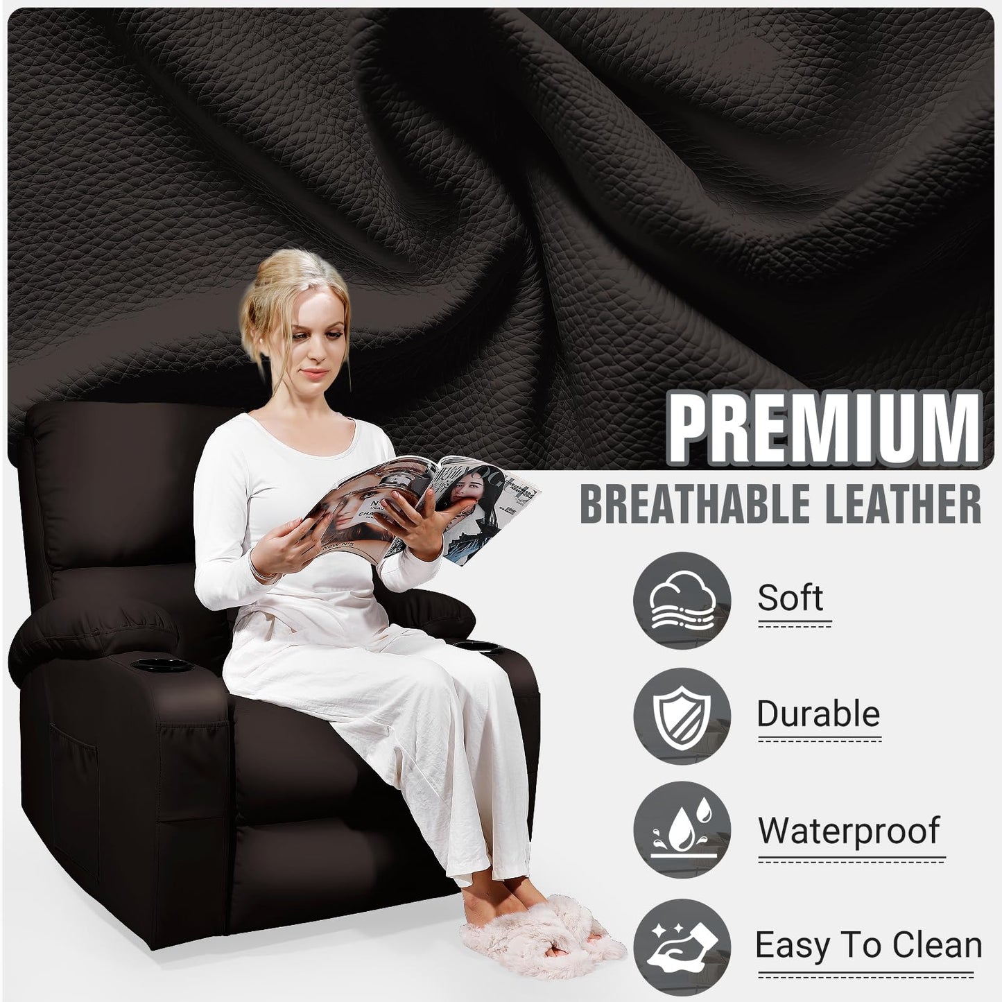 LAFWELL Rocking Recliner Chair, Massage Rocker Recliner Chair with Vibration Massage and Heat,360° Swivel Recliner Chairs, Living Room, Bedroom, Nursery, RV, Brown