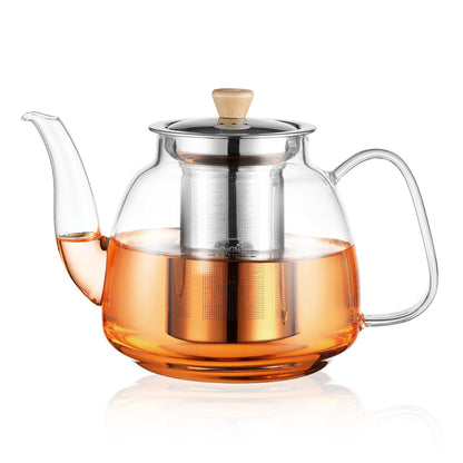 CNGLASS Glass Teapot with Infuser(37.5oz),Clear Tea Kettle with Removable Stainless Steel Strainer,Stovetop Safe Glass Teapot for Blooming and Loose Leaf Tea