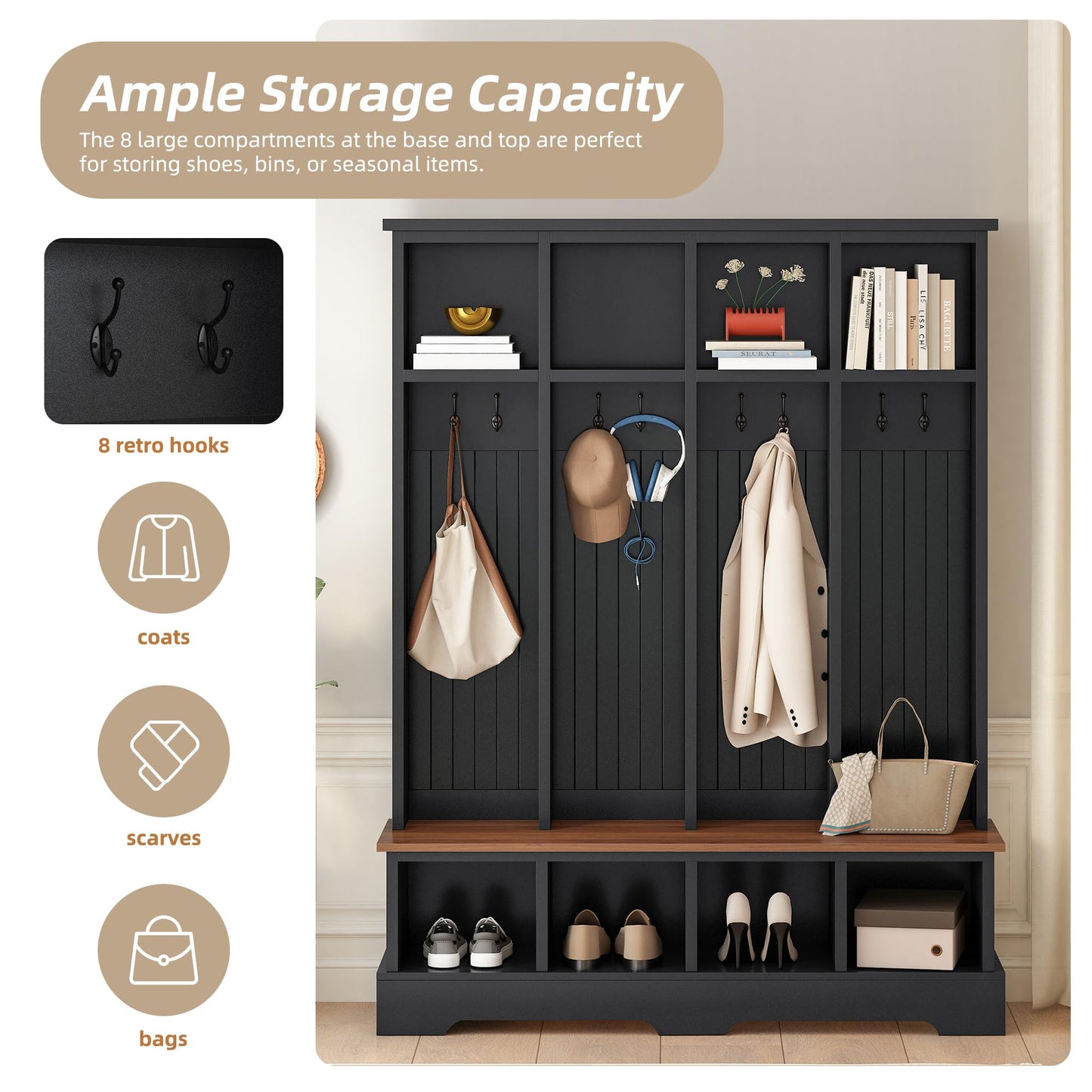 WZONICE98 76.7" Hall Tree with 8 Hooks, Farmhouse Entryway Bench with Shoe Storage Compartments, 3-in-1 Coat and Shoe Rack for Mudroom, Living Room, Black