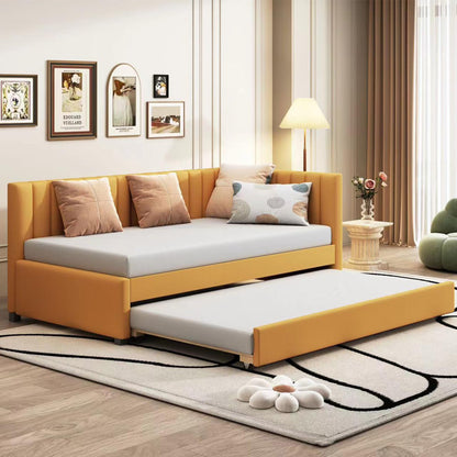 Jintop Twin Size Upholstered Linen Daybed with 2 Trundle,Semi-Closed Design,Solid Wood Bed Frame,W/Backrest and Slat Support,No Box Spring Needed,for Apartment Bedroom,Yellow