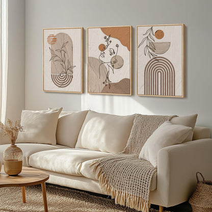 Framed Boho Sage Green Wall Art for Living Room, Large Mid Century Modern Tropical Leaf Canvas Artwork for Walls, 3 Piece Beige Orange Bohemian Wall Art Prints for Bedroom Kitchen Hallway, 16x24 Inch