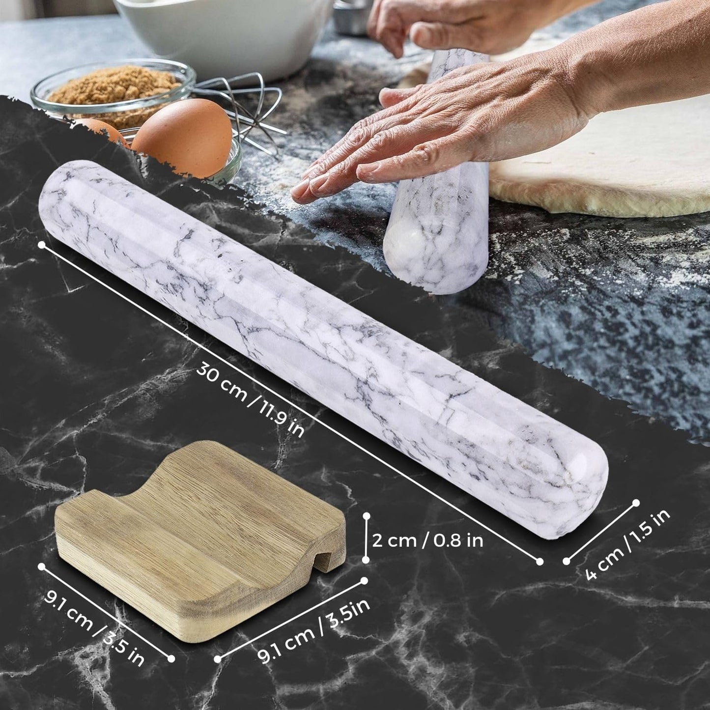 Flexzion French Rolling Pin, 12 Inch White Marble Rolling Pins for Baking with Wooden Base Holder Stand - Non-Stick Baking Roller for Baking Fondant, Crust, Pastry, Cookies, Pizza, Pasta