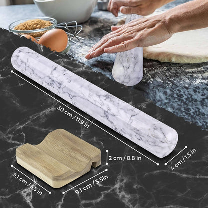 Flexzion French Rolling Pin, 12 Inch White Marble Rolling Pins for Baking with Wooden Base Holder Stand - Non-Stick Baking Roller for Baking Fondant, Crust, Pastry, Cookies, Pizza, Pasta