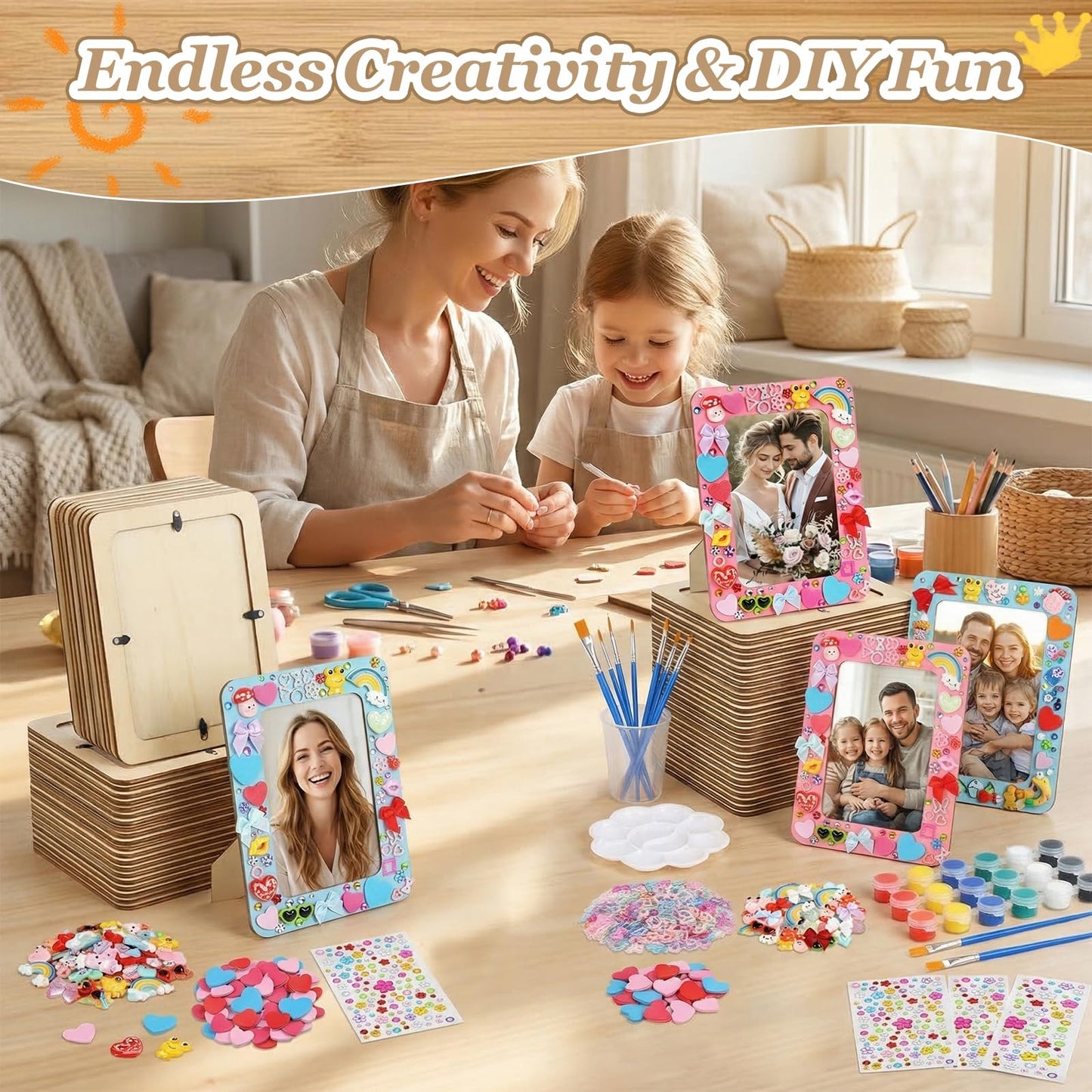 Picture Frame Painting Craft Kit,24 Pack Unfinished Wooden Picture Frames 4 x 6 Inch with Pearl Resin Diamond and Foam Stickers for DIY Paint and Decorate Craft Birthday Wedding Gifts